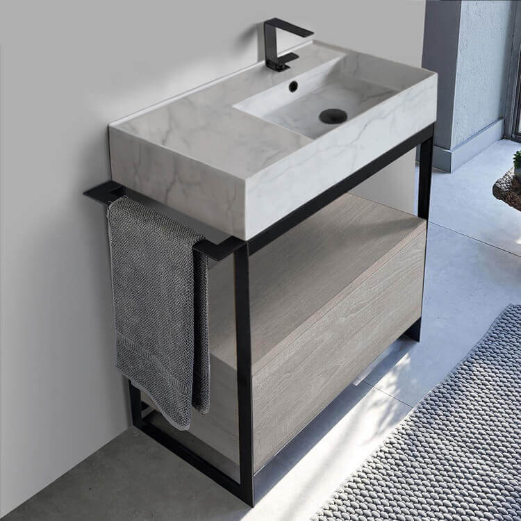 Scarabeo 5118-F-SOL1-88 Console Sink Vanity With Marble Design Ceramic Sink and Grey Oak Drawer, 35 Inch